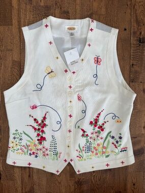 New Vintage Talbots Petites Embroidered Floral Butterfly Vest Linen M CC